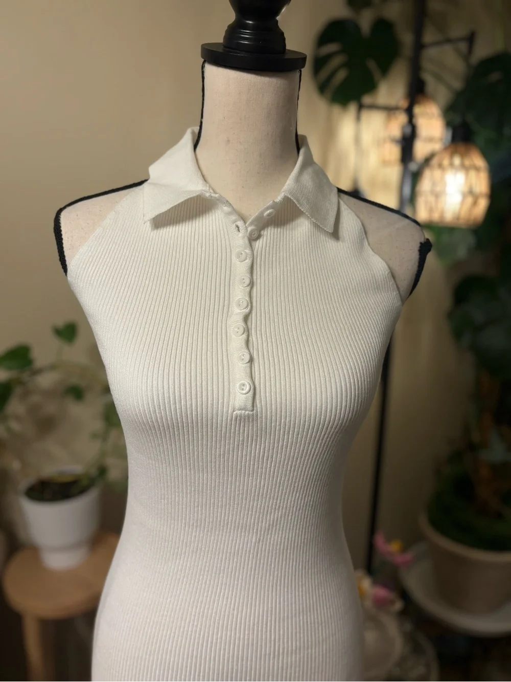 Ribbed Halter Polo Mini Dress in White